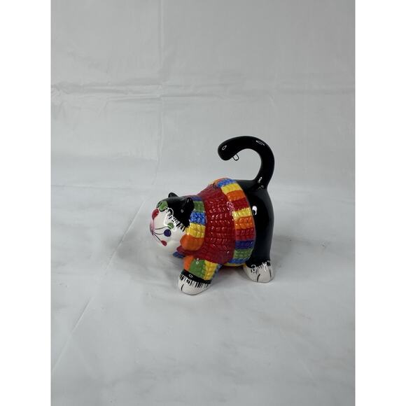 Amy Lacombe Ceramic Black Tuxedo Fat Cat Whimsical Rainbow Sweater Cat Lady - Picture 5 of 9
